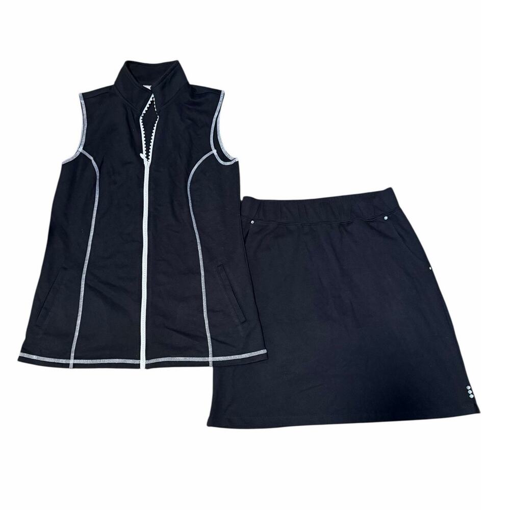 Quacker Factory Black White French Terry Zip Front Vest & Skort Set Oversized XS